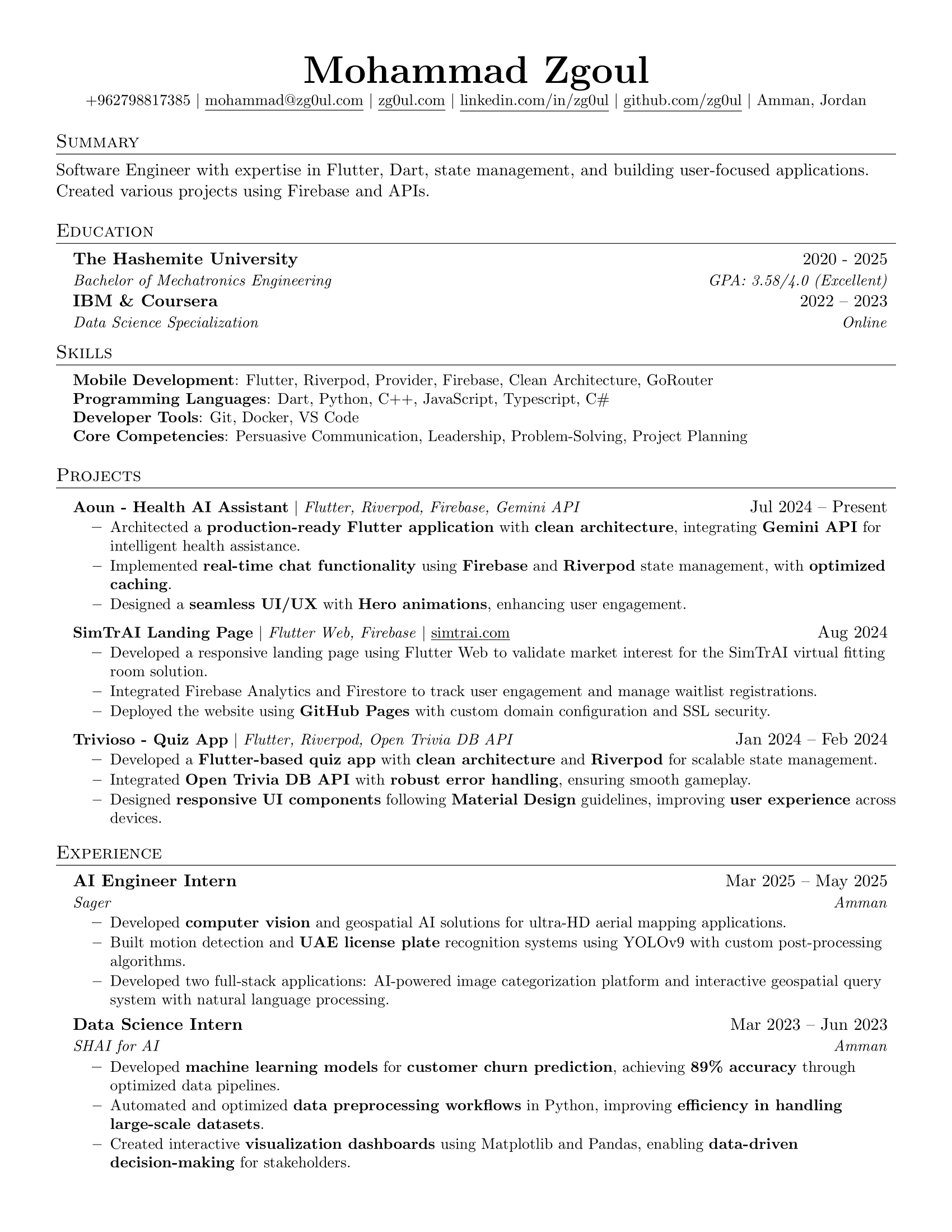 Flutter Developer Resume for Mohammad zgoul (zg0ul)